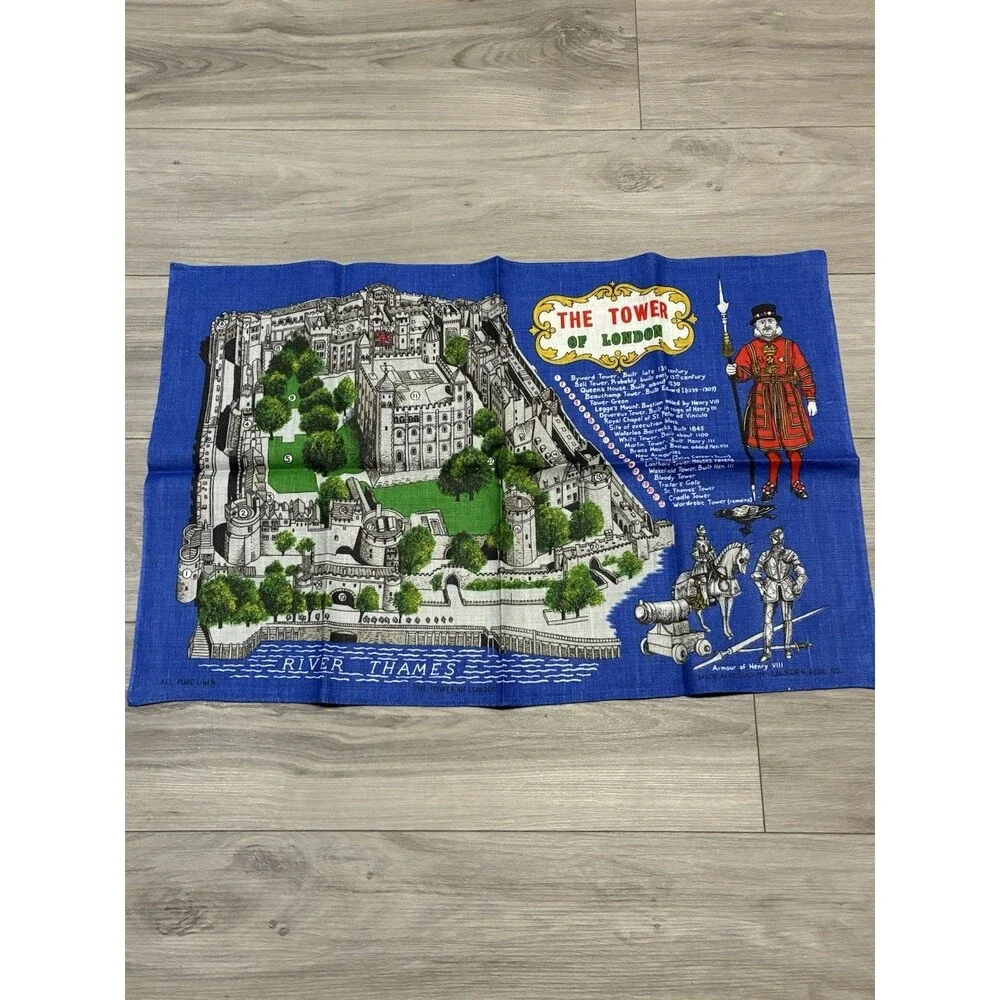 VINTAGE IRISH LINEN TEA TOWEL BY ULSCER “The Tower Of London” The River Thames
